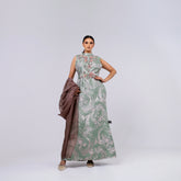 A handcrafted piece of art made of Japanese jacquard, threads, sequins, and beads, and Italian caesar.