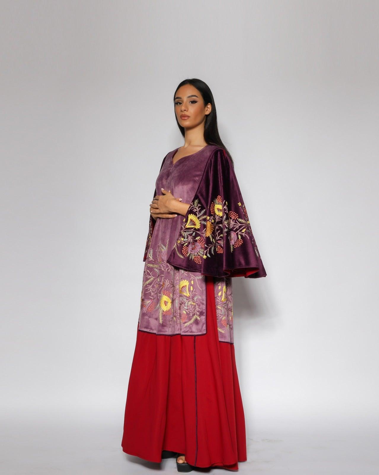 دراعة مخمل دبل كلوش - تطريز يدوي | مخمل وكريب فاخر - tahaniboutique