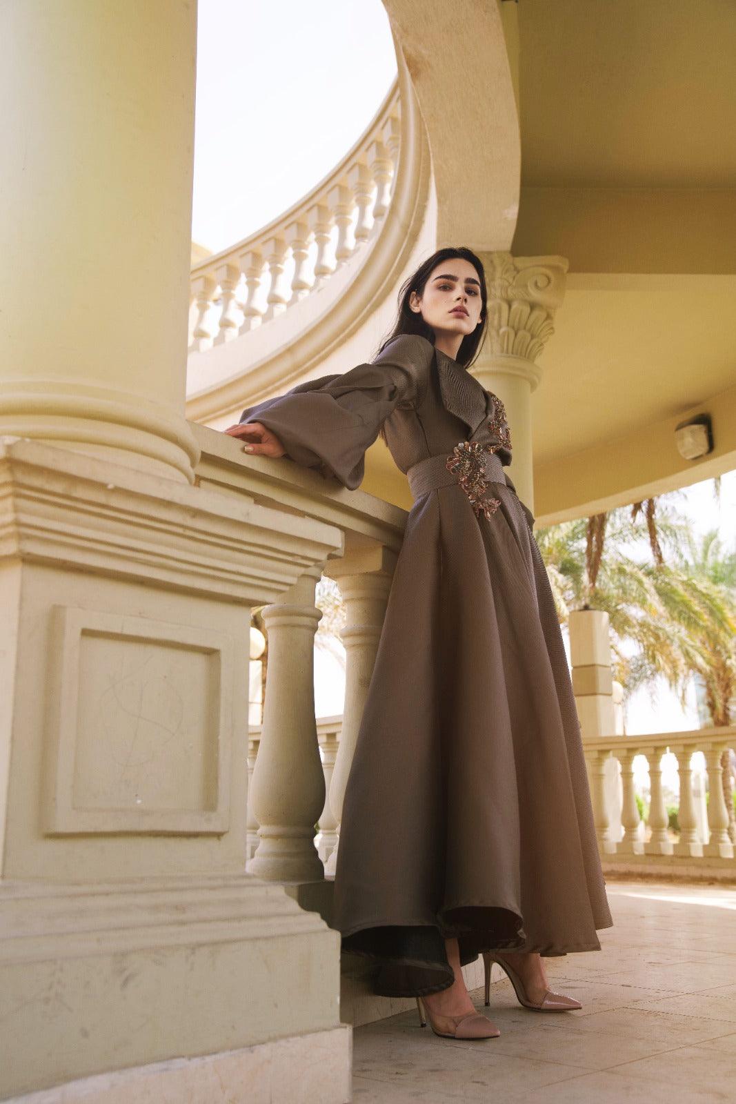 فستان سهرة جاكار إيطالي فاخر - تصميم يدوي - tahaniboutique