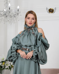 طقم نسائي مع حزام شك - أطقم كريب كرستال مرصعة بالأحجار - tahaniboutique