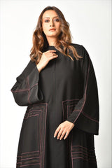 عباية سوداء مع بريم عنابي - tahaniboutique