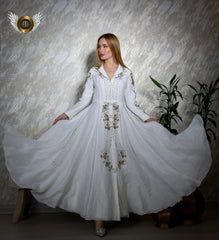 فستان سهرة فخم بقصة خصر - لينن سلك مبطن مزين باللؤلؤ - tahaniboutique