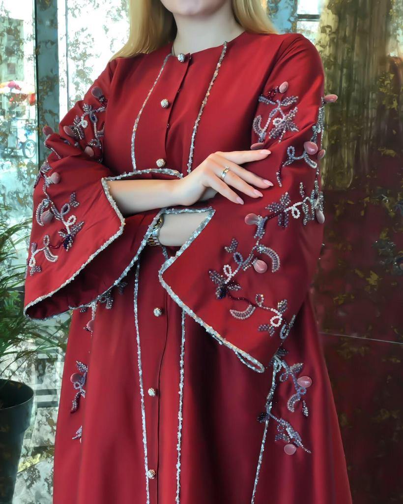 دراعة فخمة شك يدوي مع ترتر وبريم قبة دائرية - tahaniboutique