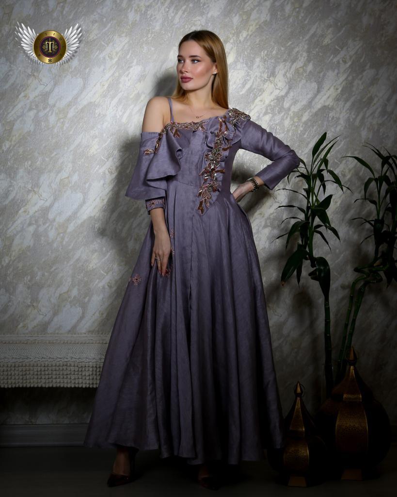 فستان سهرة فاخر من لينن بيور سيلك - تصميم يدوي - tahaniboutique