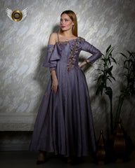 فستان سهرة فاخر من لينن بيور سيلك - تصميم يدوي - tahaniboutique