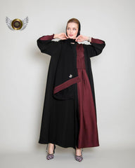 عباية ملونة أسود وخمري مع ملفع من تهاني بوتيك - tahaniboutique