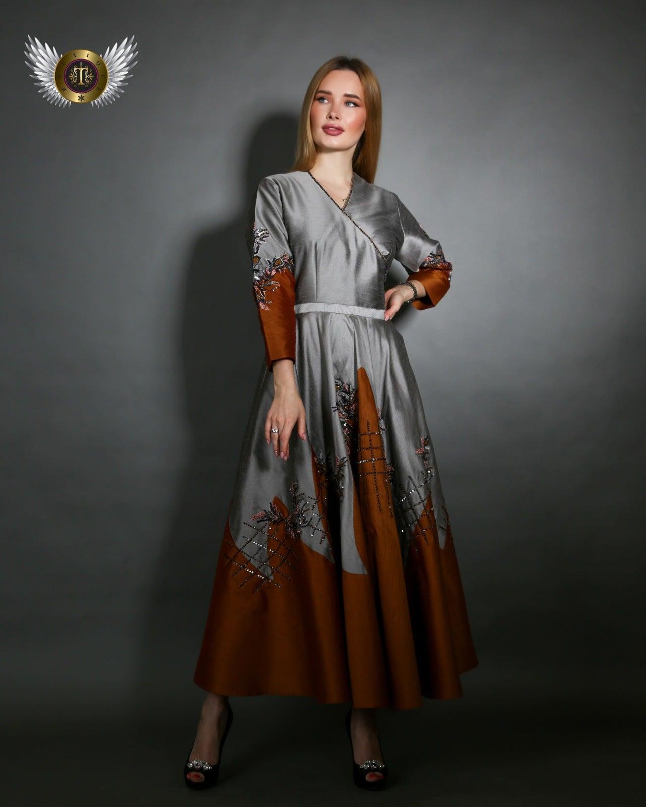 فستان سهرة شانتون فخم - تصميم يدوي متقن - tahaniboutique