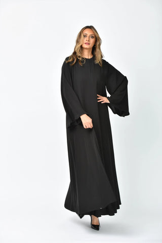 Plain crepe abaya with vertical cuts and triple flares from Tahani Boutique