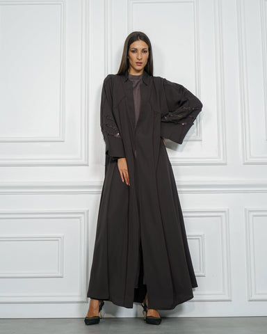 عباية ملونة بريم بنفسجي وتصميم دبل كلوش - قماش كريب خاص لشركة تهاني بوتيك - tahaniboutique