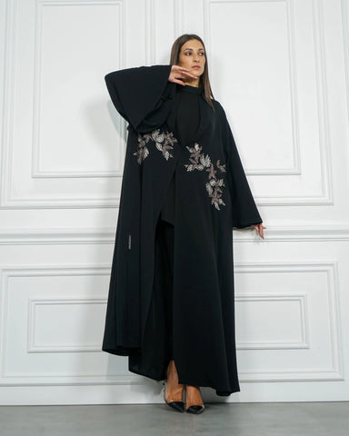 Triple cloche abaya with machine embroidery - Tahani Boutique's exclusive dew-like fabric
