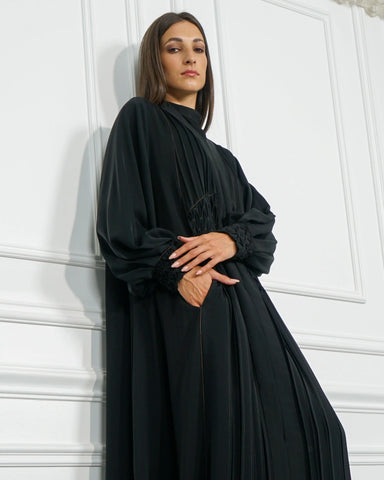Black double-cloche abaya made of a special dew-like fabric from Tahani Boutique