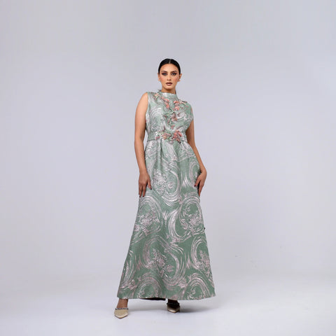 A handcrafted piece of art made of Japanese jacquard, threads, sequins, and beads, and Italian caesar.