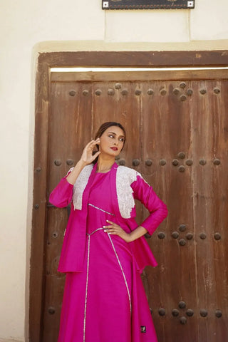 Elegant evening dress with pearl-embellished jacket - Shantung 