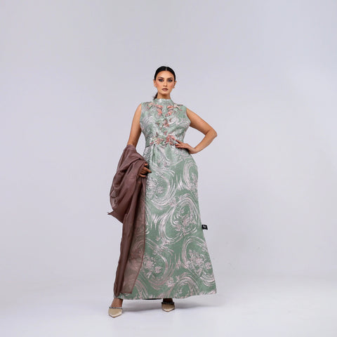 A handcrafted piece of art made of Japanese jacquard, threads, sequins, and beads, and Italian caesar.
