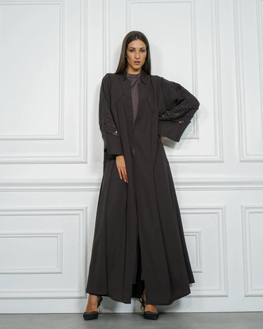 Colorful abaya with purple trim and double cloche design - special crepe fabric for Tahani Boutique Company