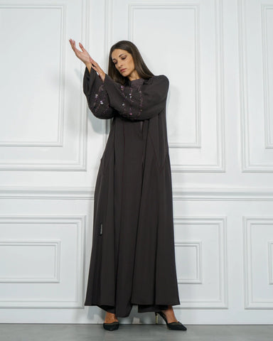Colorful abaya with purple trim and double cloche design - special crepe fabric for Tahani Boutique Company