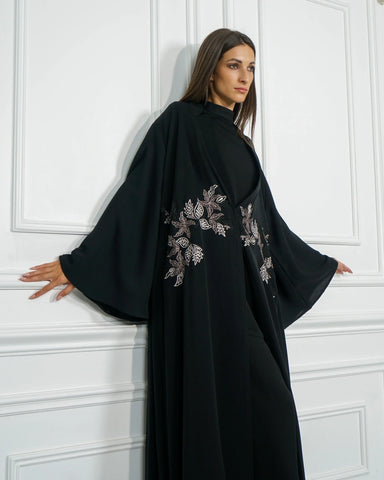 Triple cloche abaya with machine embroidery - Tahani Boutique's exclusive dew-like fabric
