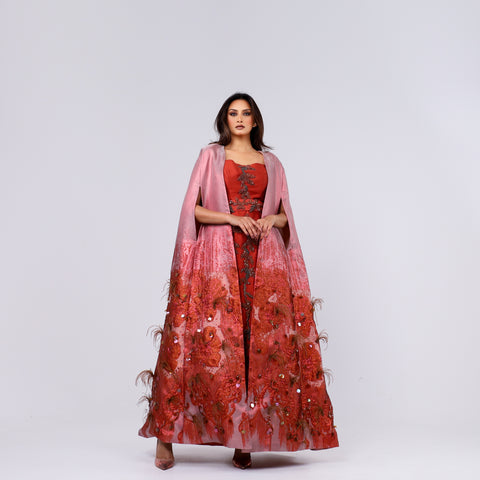 A handcrafted piece of art made of woven fabric, threads, sequins, Japanese beads and soft feathers.