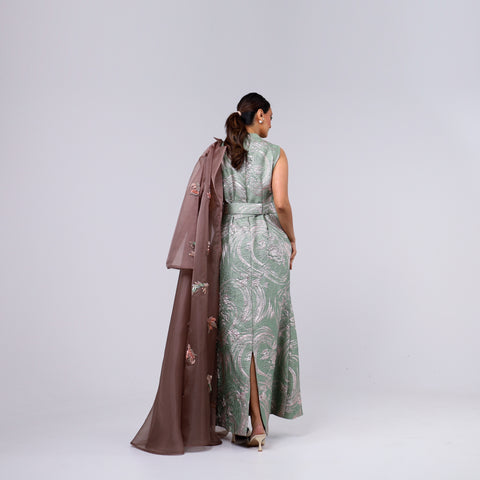 A handcrafted piece of art made of Japanese jacquard, threads, sequins, and beads, and Italian caesar.