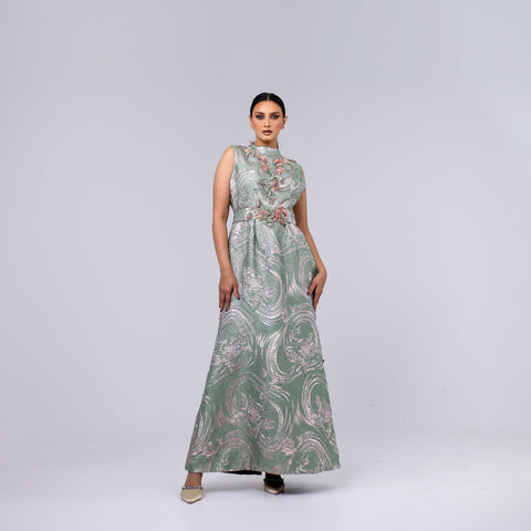 A handcrafted piece of art made of Japanese jacquard, threads, sequins, and beads, and Italian caesar.