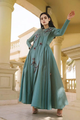 Luxury Shantung Evening Dress - Hand-embroidered design