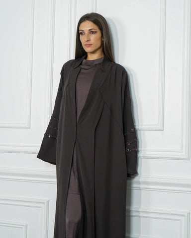 Colorful abaya with purple trim and double cloche design - special crepe fabric for Tahani Boutique Company