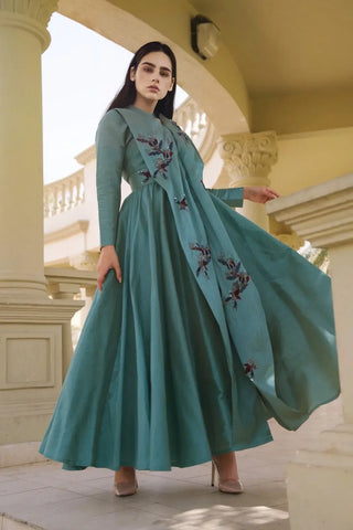 Luxury Shantung Evening Dress - Hand-embroidered design