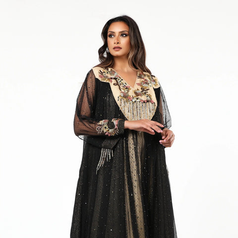 Hand-woven jacquard and Italian tulle gown