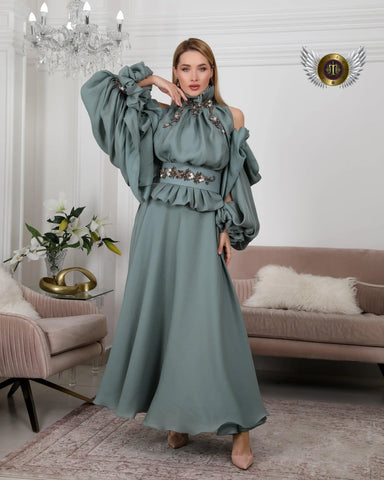Women's set with a beaded belt - crystal crepe sets studded with stones 