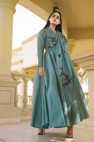 Luxury Shantung Evening Dress - Hand-embroidered design