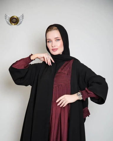 عباية ملونة أسود وخمري مع ملفع من تهاني بوتيك