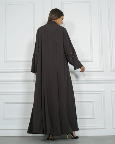 Colorful abaya with purple trim and double cloche design - special crepe fabric for Tahani Boutique Company