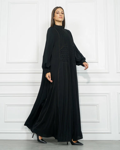 Black double-cloche abaya made of a special dew-like fabric from Tahani Boutique