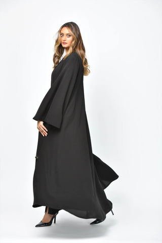 Plain crepe abaya with vertical cuts and triple flares from Tahani Boutique