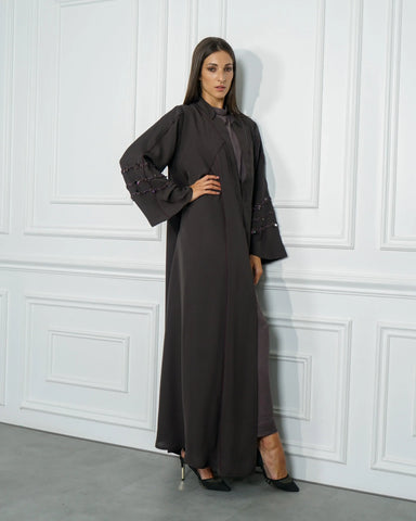 Colorful abaya with purple trim and double cloche design - special crepe fabric for Tahani Boutique Company