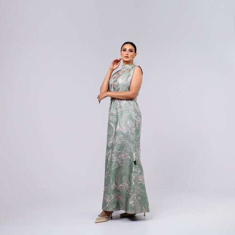 A handcrafted piece of art made of Japanese jacquard, threads, sequins, and beads, and Italian caesar.
