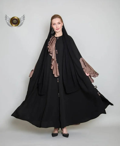 Plain abaya with brown ruffles