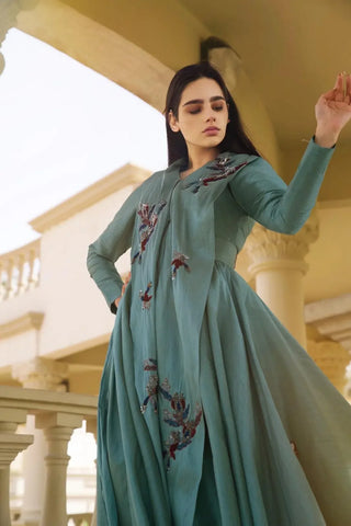 Luxury Shantung Evening Dress - Hand-embroidered design