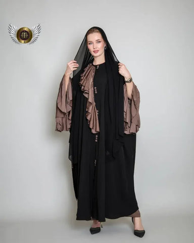 Plain abaya with brown ruffles