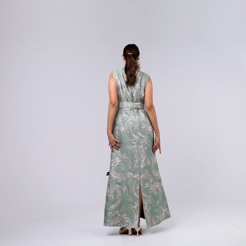 A handcrafted piece of art made of Japanese jacquard, threads, sequins, and beads, and Italian caesar.