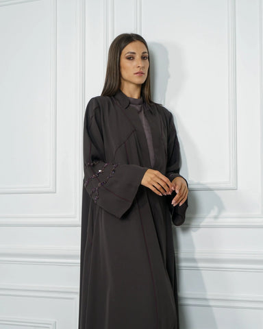 Colorful abaya with purple trim and double cloche design - special crepe fabric for Tahani Boutique Company