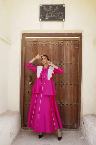 Elegant evening dress with pearl-embellished jacket - Shantung 