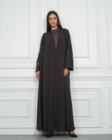 Colorful abaya with purple trim and double cloche design - special crepe fabric for Tahani Boutique Company