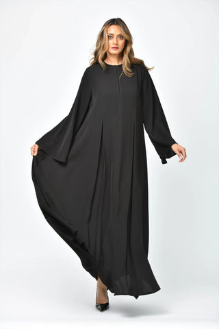 Plain, formal, triple-cloche abaya with vertical cuts from Tahani Boutique