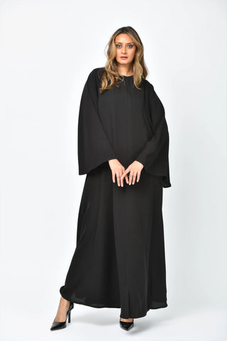 Plain crepe abaya with vertical cuts and triple flares from Tahani Boutique