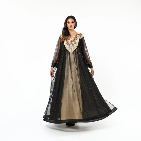 Hand-woven jacquard and Italian tulle gown