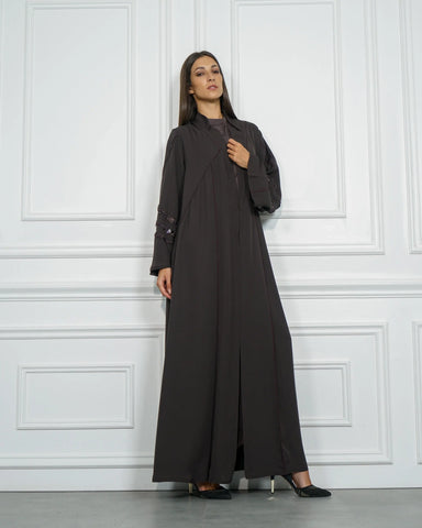 Colorful abaya with purple trim and double cloche design - special crepe fabric for Tahani Boutique Company
