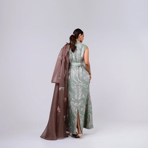 A handcrafted piece of art made of Japanese jacquard, threads, sequins, and beads, and Italian caesar.