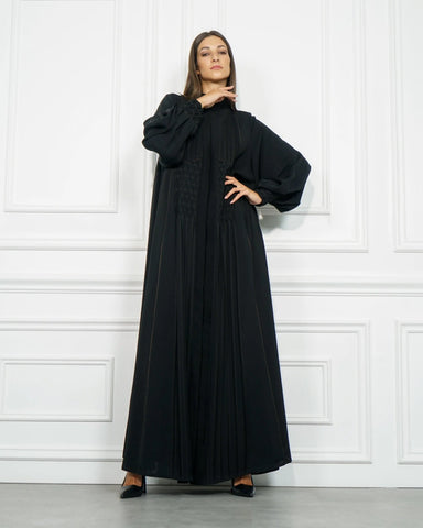Black double-cloche abaya made of a special dew-like fabric from Tahani Boutique