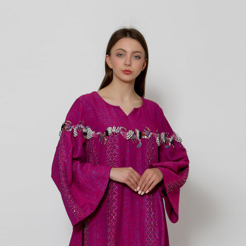 دراعة فخمة مبطنة بقبة دائرية وأكمام كلوش - مشغولة يدوياً | جاكار خفيف لجميع الفصول - tahaniboutique